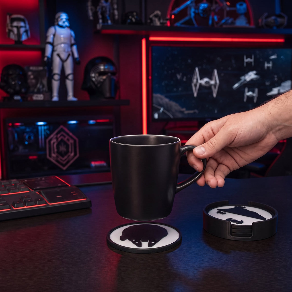 Sci-fi spacecraft coaster set on desk with mug