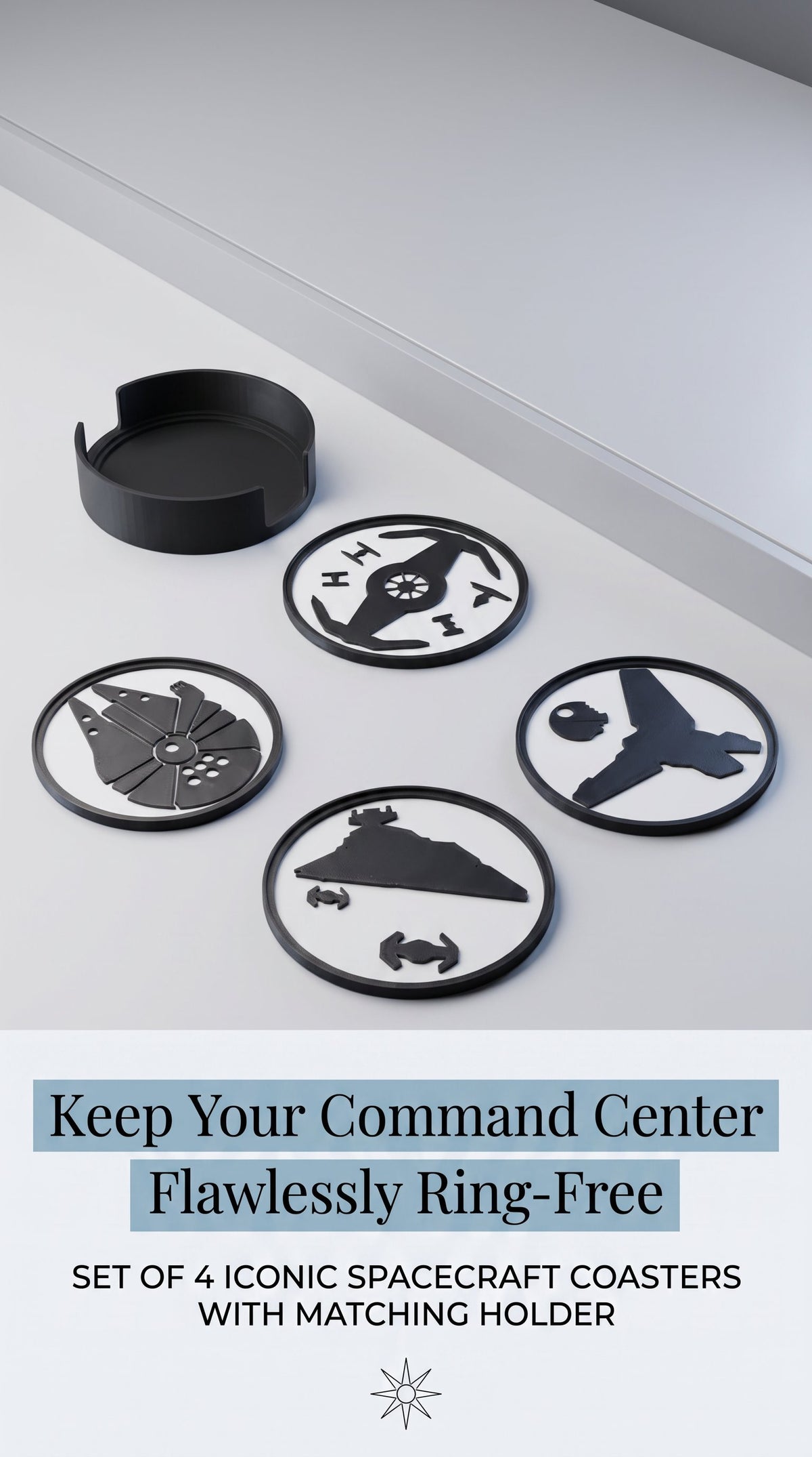 Sci-fi spacecraft coaster set marketing image