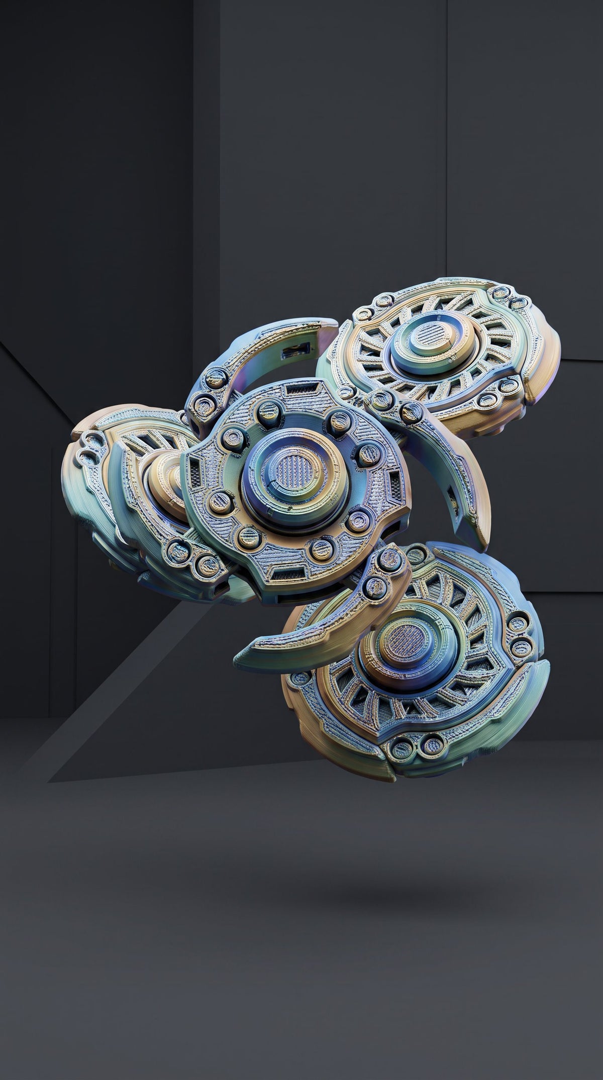 Articulated gyro fidget spinner flat lay